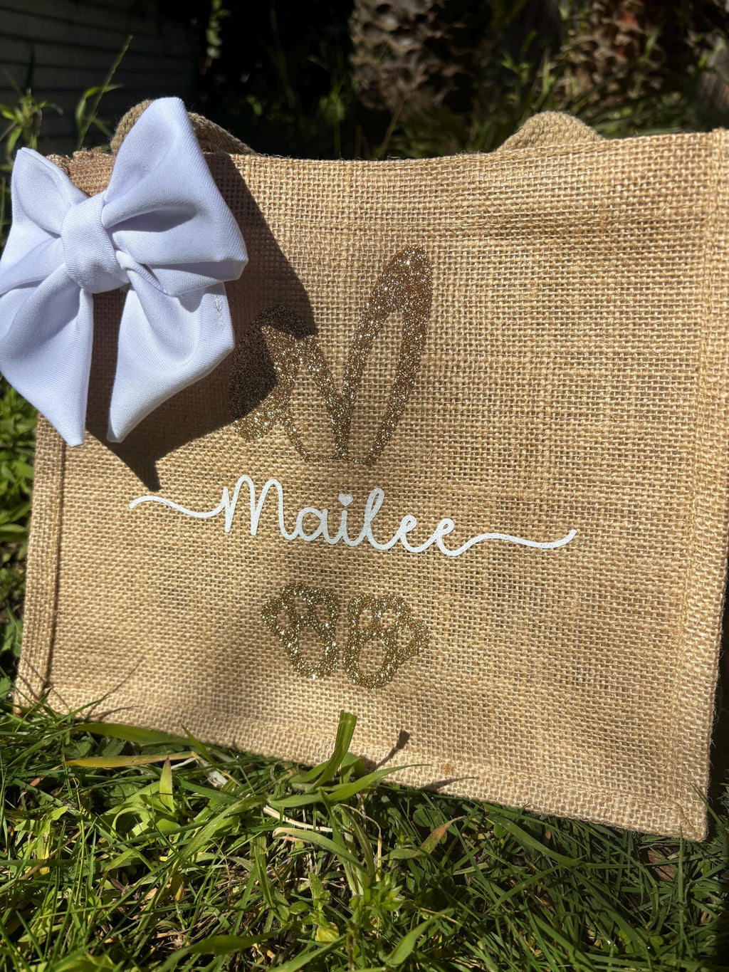 Sac de Pâques personnalisé en toile de jute pour la chasse aux œufs