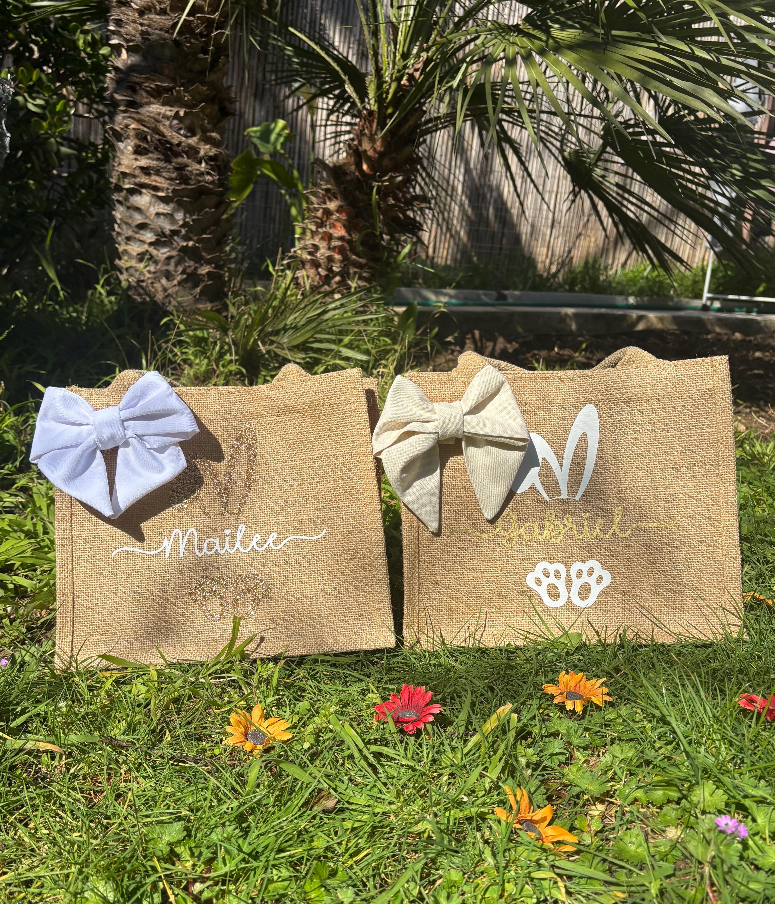 Sac de Pâques personnalisé en toile de jute pour la chasse aux œufs