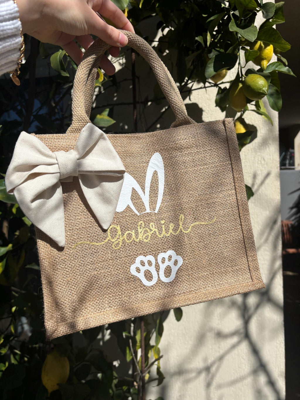 Sac de Pâques personnalisé en toile de jute pour la chasse aux œufs