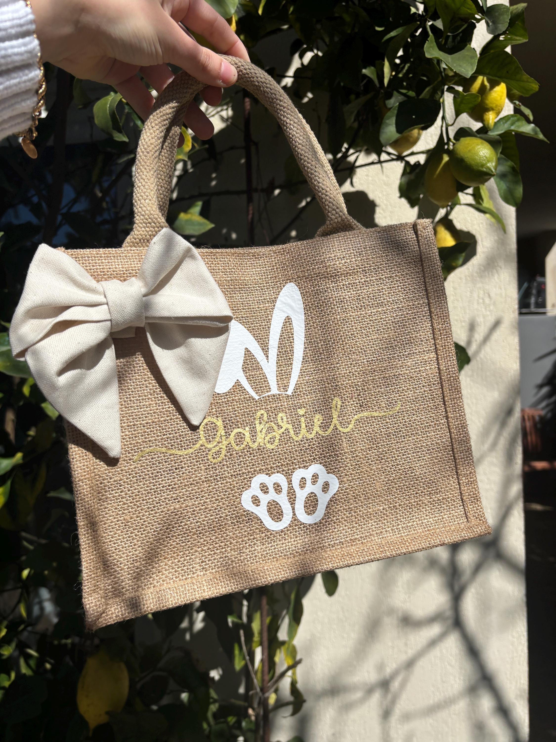 Sac de Pâques personnalisé en toile de jute pour la chasse aux œufs