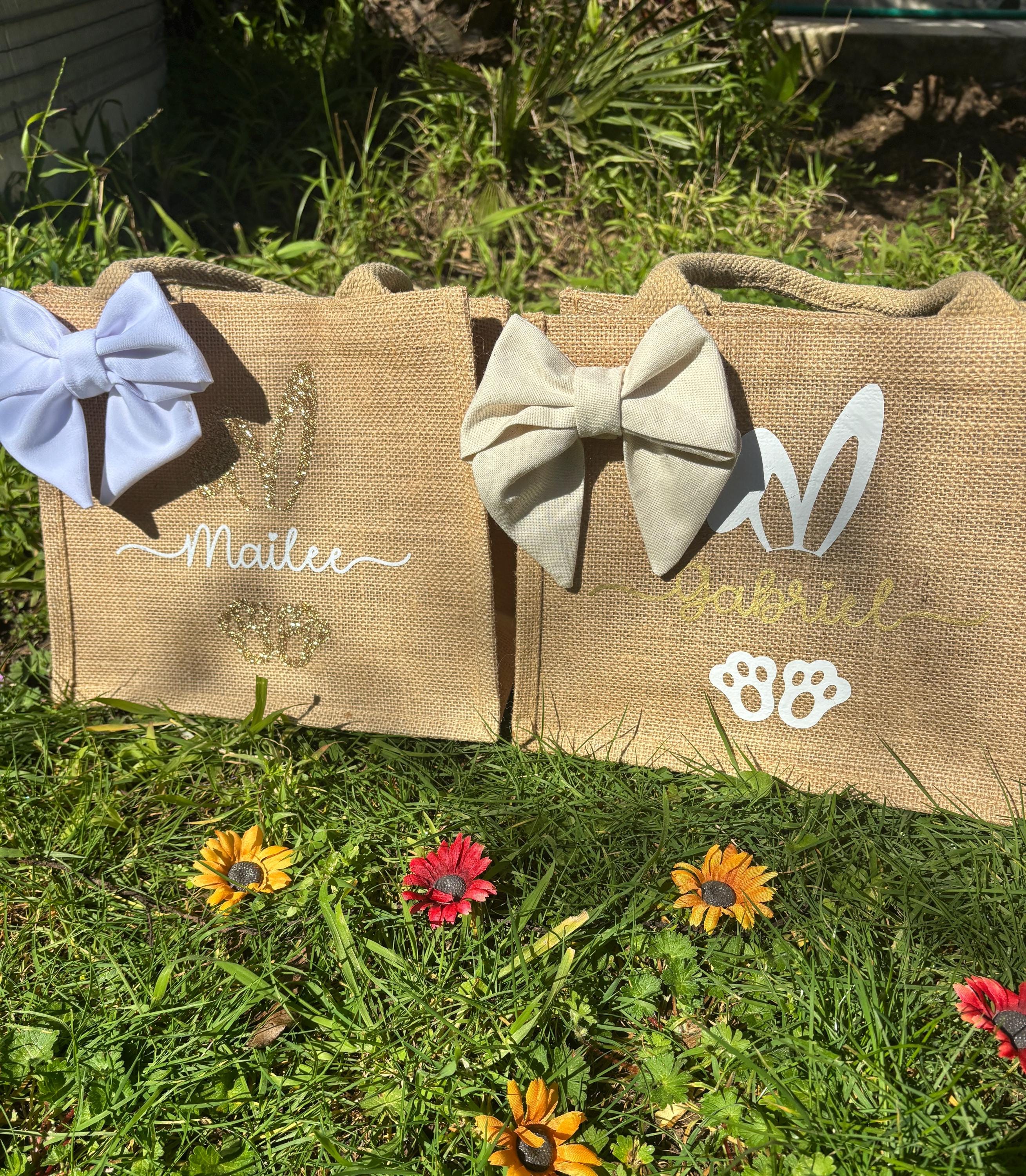 Sac de Pâques personnalisé en toile de jute pour la chasse aux œufs