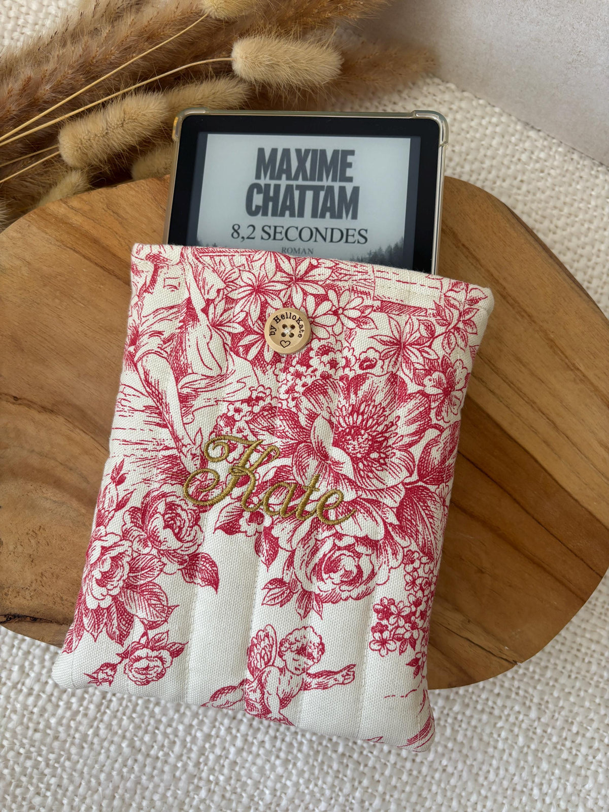 Pochette livre ou liseuse molletonnée en toile de jouy marque page personnalisé format poche ou broché, protège livre, étui kindle