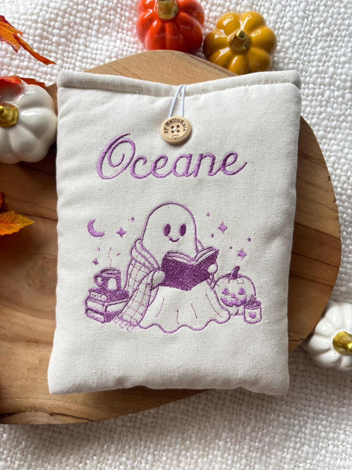 Pochette à livre ou liseuse rembourée personnalisé automne en coton , format poche ou broché idée cadeau , protège livre, étui kindle