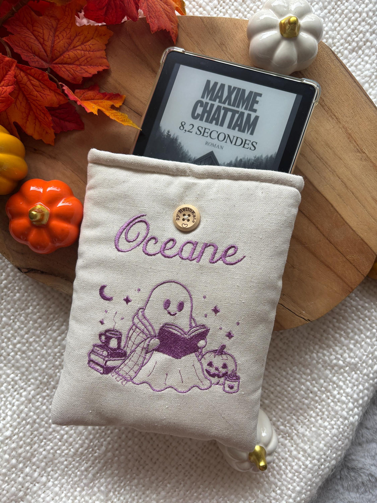 Pochette à livre ou liseuse rembourée personnalisé automne en coton , format poche ou broché idée cadeau , protège livre, étui kindle
