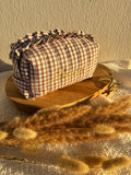 Trousse de toilette personnalisée avec broderie en tissu vichy marron carreaux , trousse à maquillage brodé, trousse de toilette avec prénom